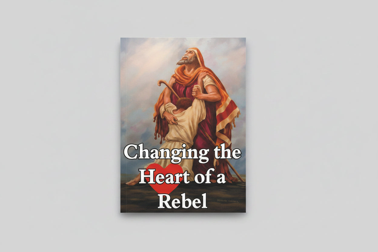 Illustration of a man holding a child with a red heart and text 'Changing the Heart of a Rebel' against a cloudy sky.